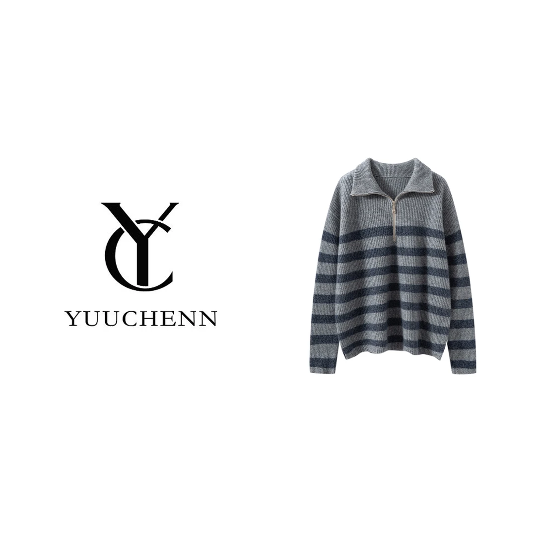 YUUCHENN羊绒花纱元宝针条纹半拉链5084