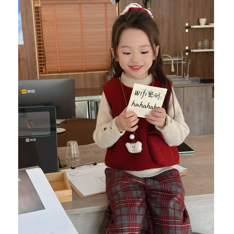 【偏爱】WWLL定制童装宝宝冬装女童新年装加绒毛衣马甲裤子