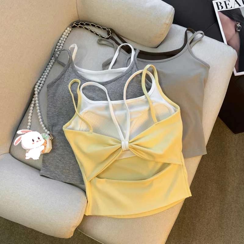 早春款一体式吊带背心美背假两件蝴蝶结轻奢镂空百搭可外穿女Z