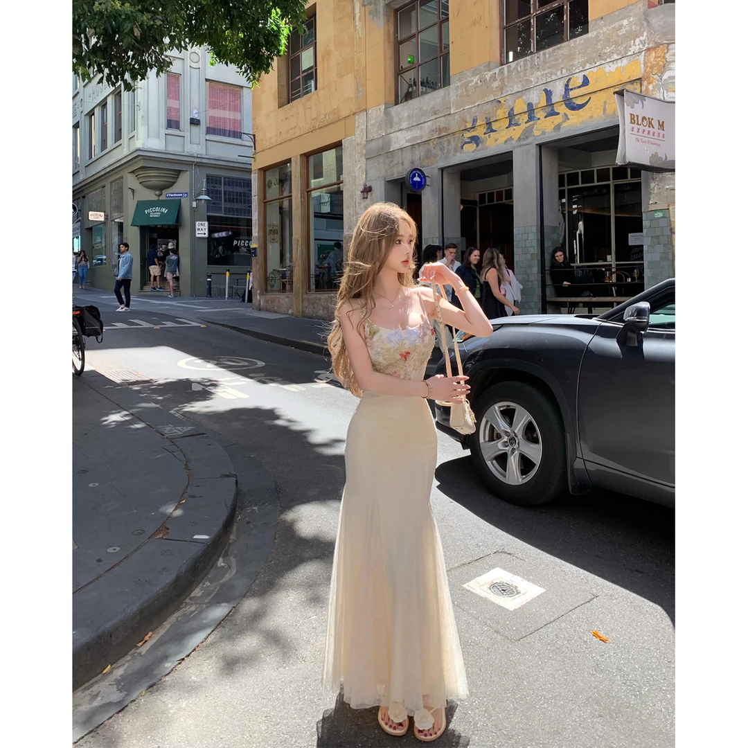 JMS 【鱼姬少女】 花朵蕾丝网纱鱼尾连衣裙中长款修身A摆气质吊带裙