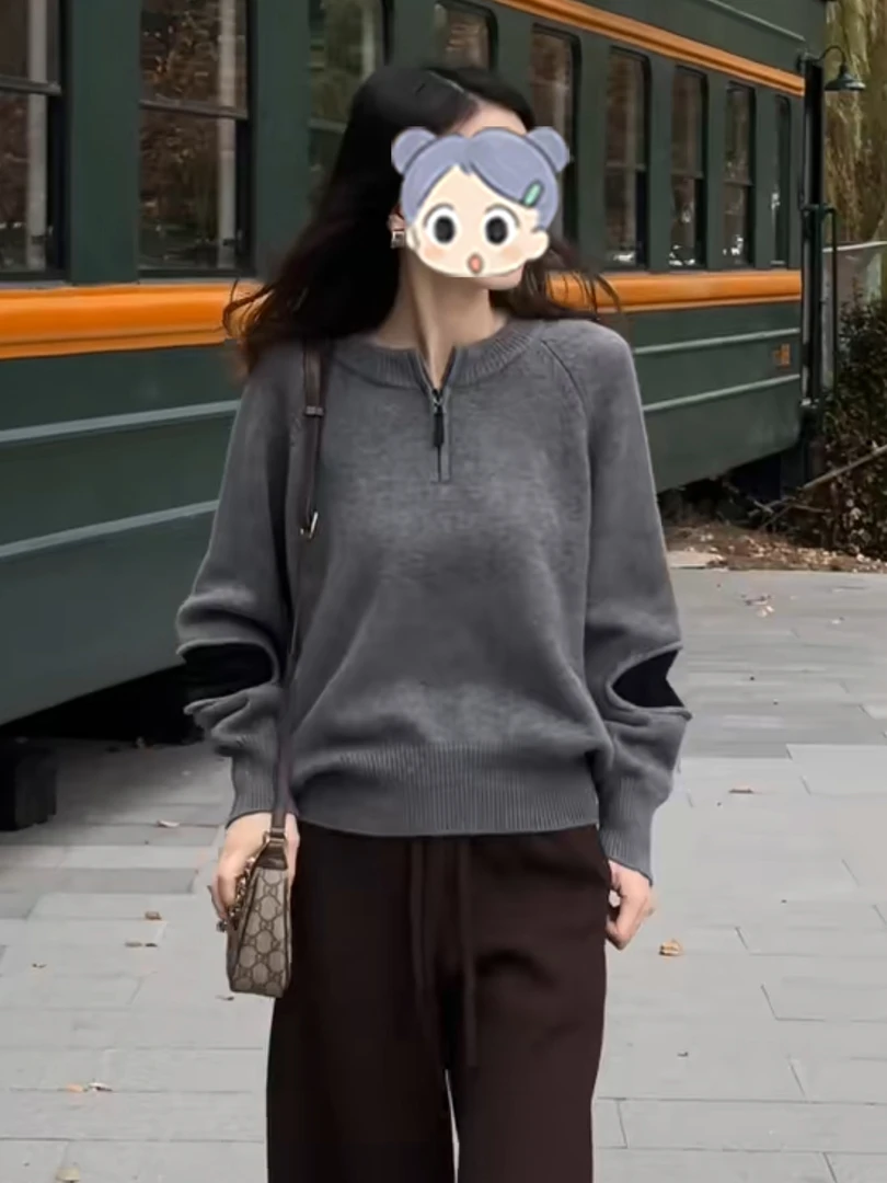 小众拼色长袖设计感针织衫圆领半拉链精致毛衣2025秋冬新款打底衫