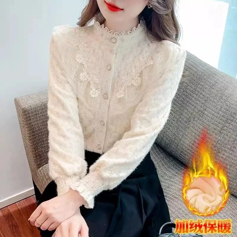衬衫女2024秋冬季新款小众设计感内搭加绒打底衫百搭减龄长袖上衣