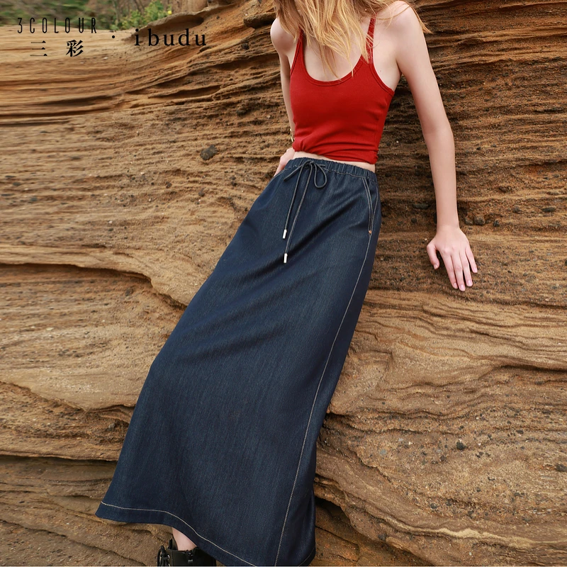 【茉茉】0550三彩2025夏季新款仿牛仔半身裙松紧腰直筒裙开叉dbq