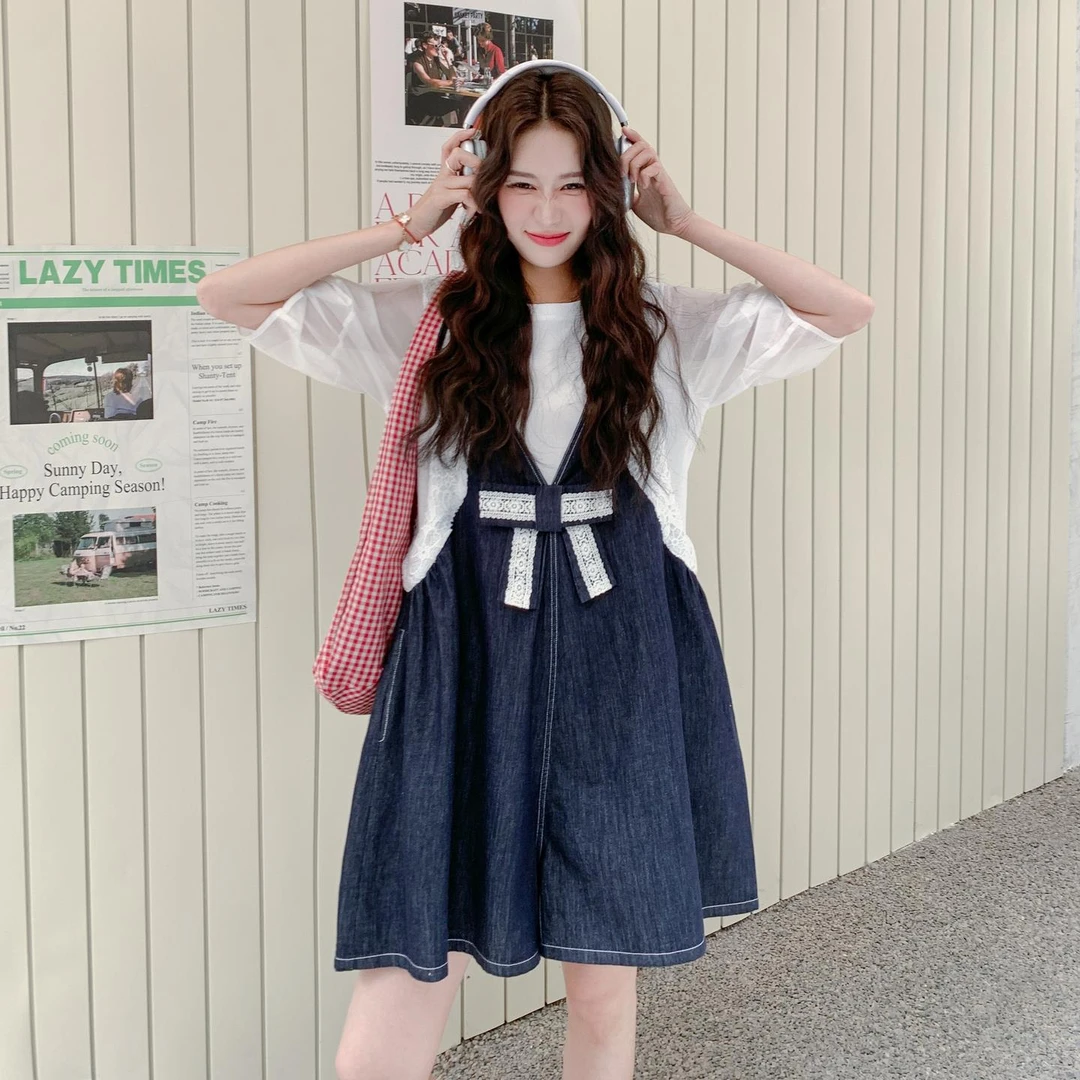 韩版甜酷减龄牛仔背带裤套装女学院风2025夏季新款白色T恤两件套