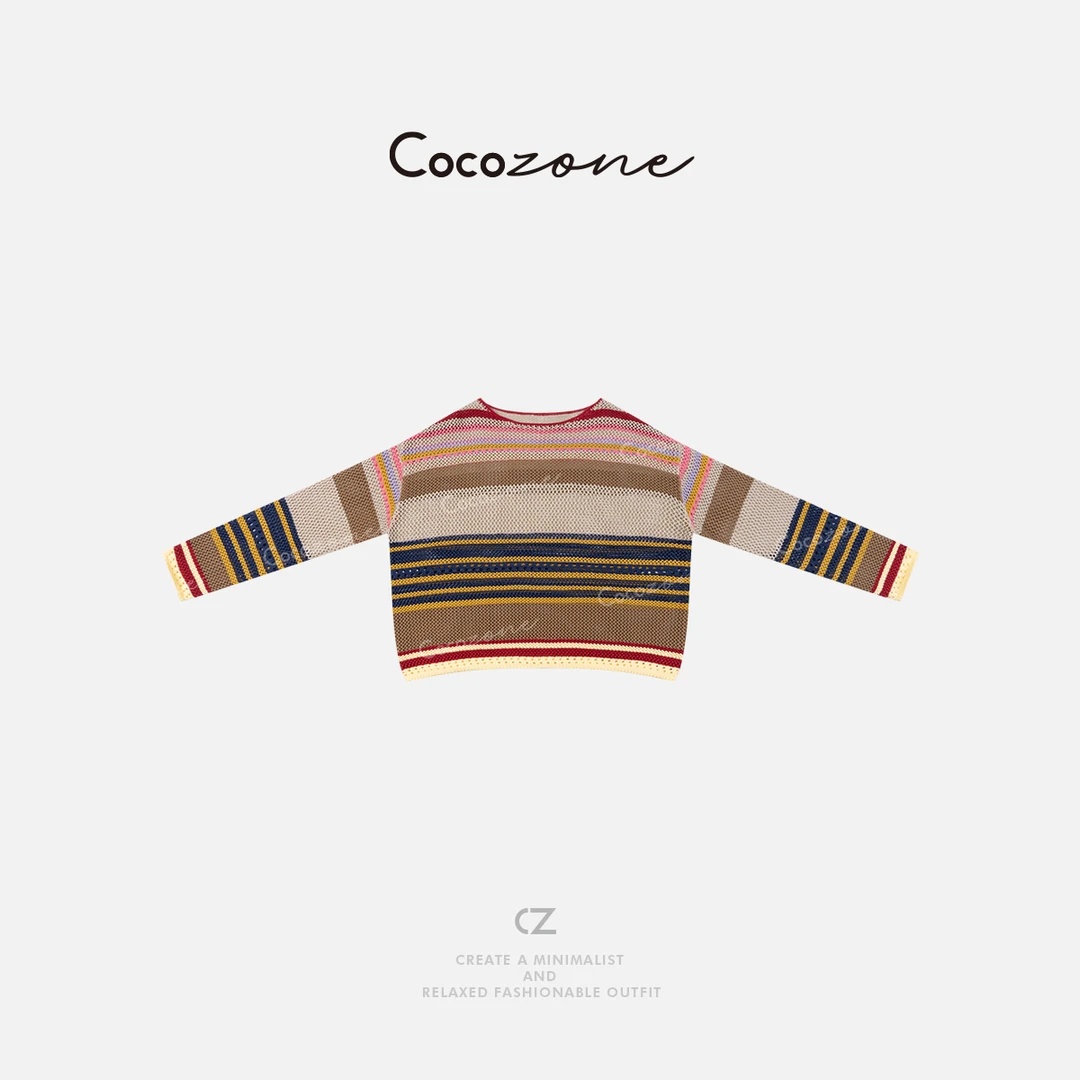 COCO ZONE 刘一一 镂空设计感彩色条纹圆领针织衫CD1A0435