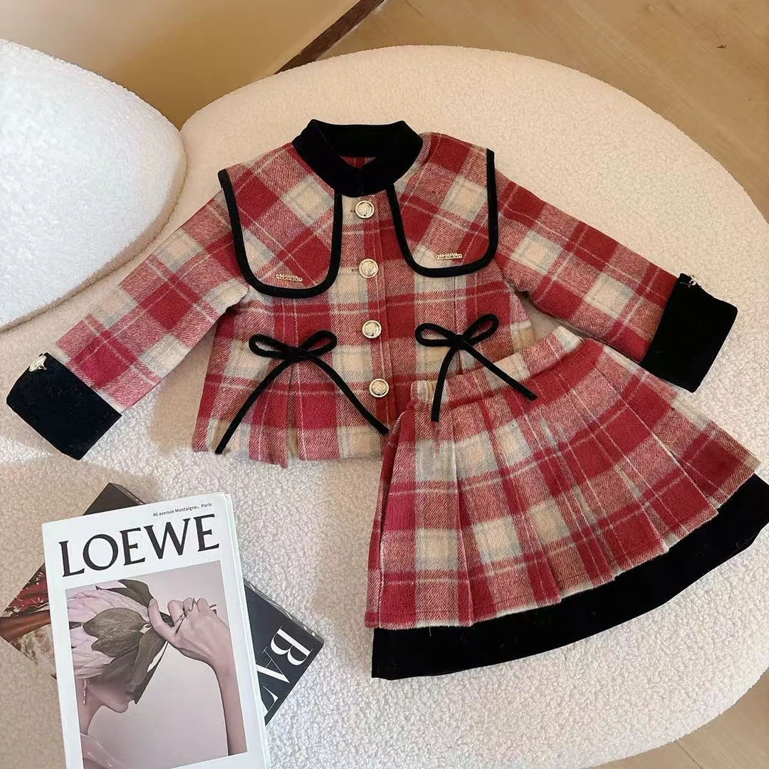 女童学院风套装2025秋冬季小女孩加厚格子上衣百褶裙套装