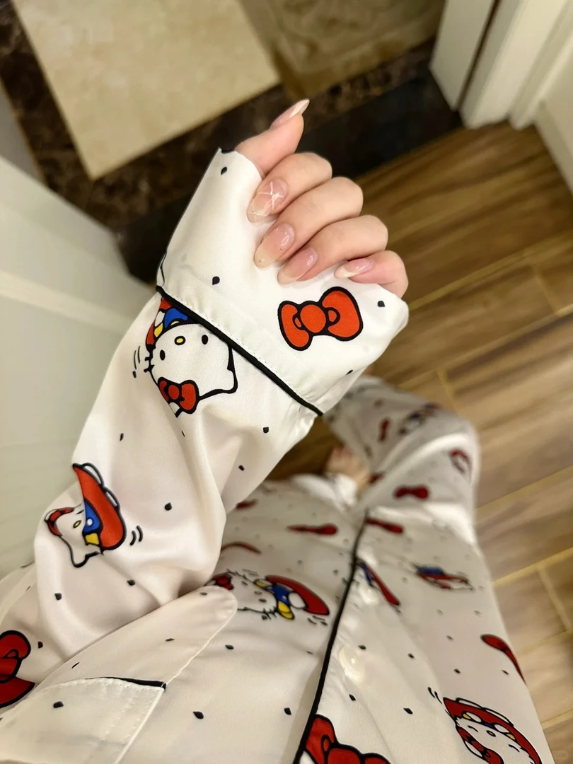 【蝴蝶结kitty】2025新款甜美波点凯蒂猫冰丝睡衣女春秋套装家居服