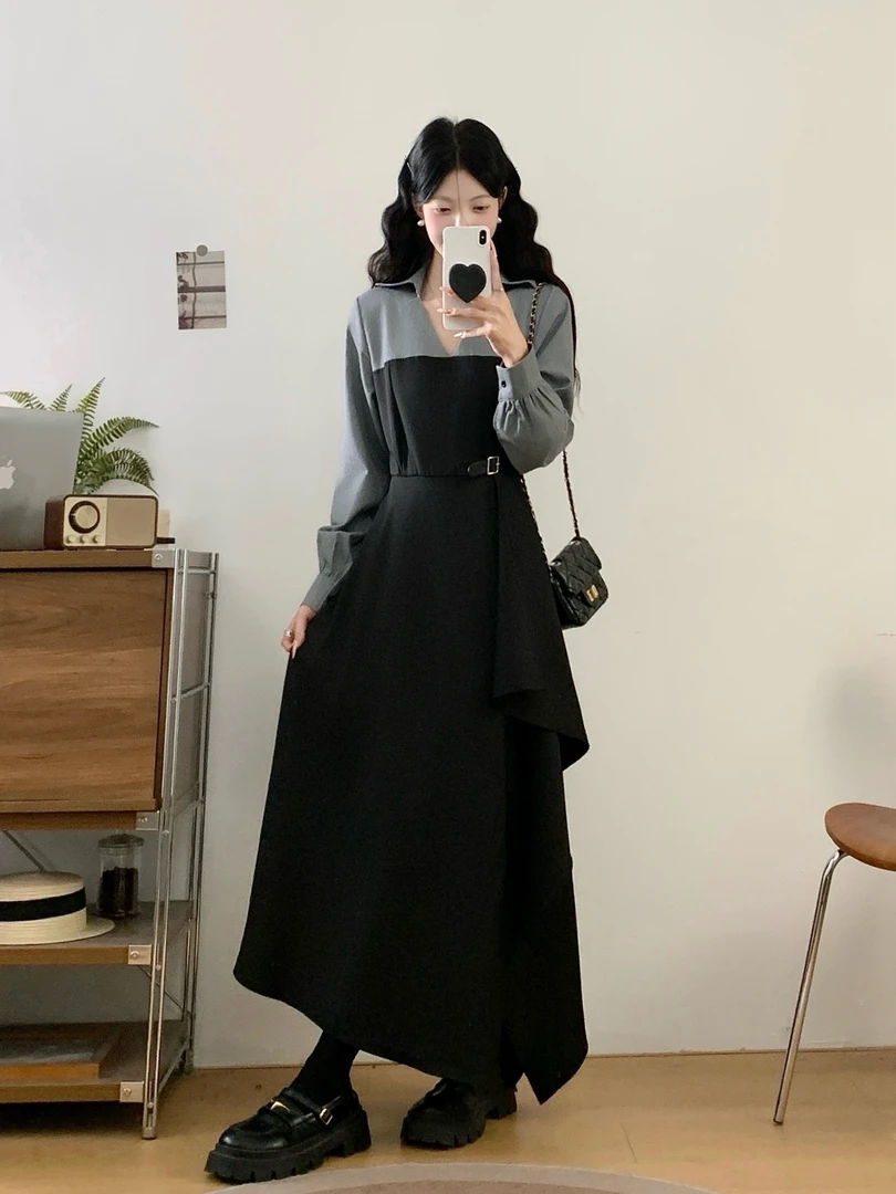 大码女装秋冬法式赫本风黑色蕾丝拼接不规则裙摆显瘦连衣裙