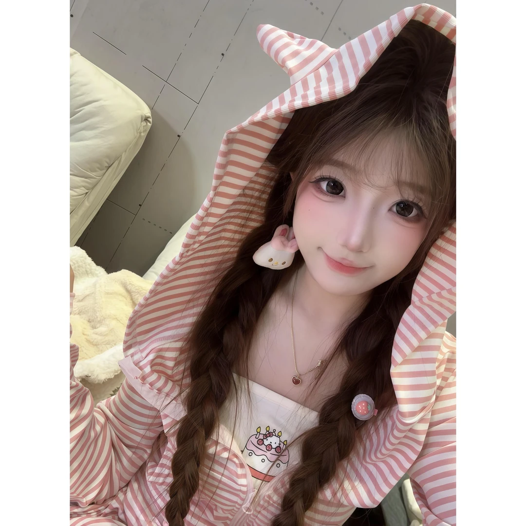 猫耳朵条纹可外穿家居服睡衣女款春秋季2025新款修身长袖长裤套装