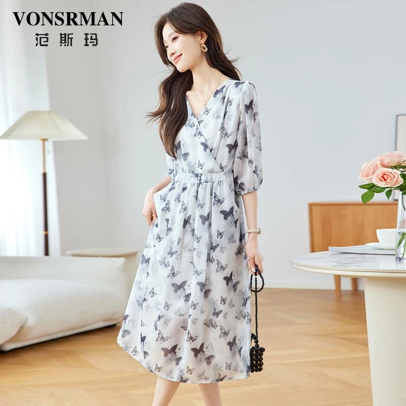 轻熟风交叉v领裙子2025新款春夏高端气质收腰显瘦短袖印花连衣裙