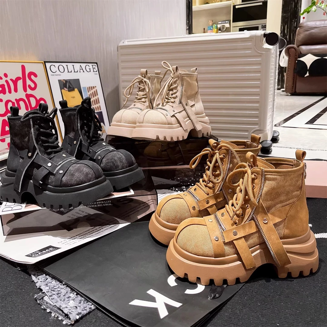 马丁靴ins超火大头拉链牛仔短靴厚底松糕机车靴大黄靴工装靴女鞋