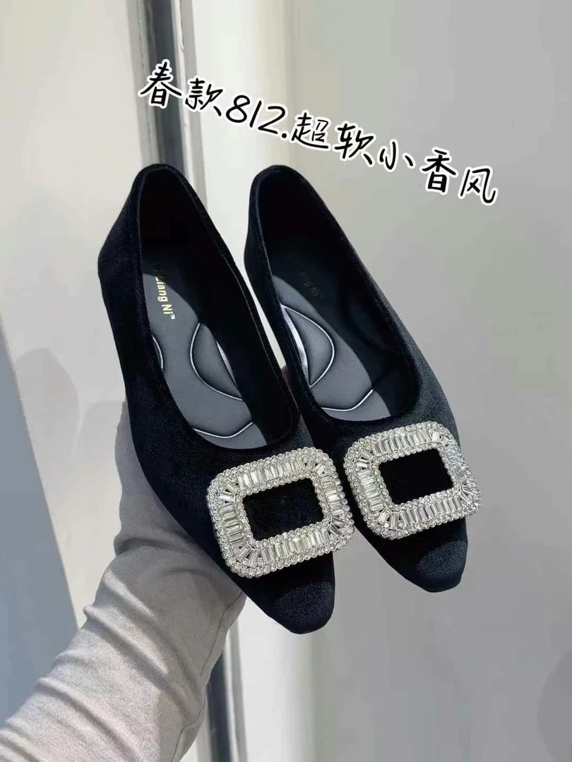 法式低跟方头黑色水钻单鞋女2025新款春季丝绒气质通勤鞋