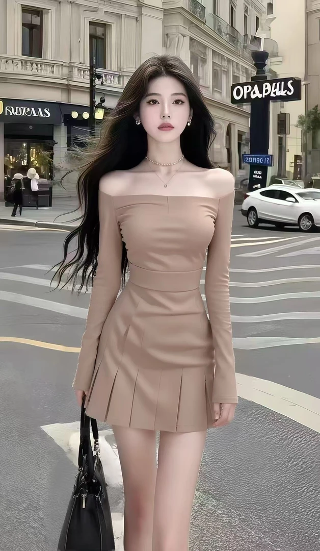 法式轻奢时尚高级感气质名媛卡其色一字肩露肩长袖抹胸修身连衣裙