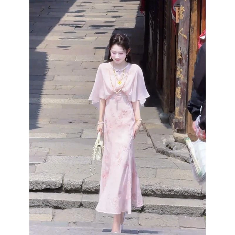 花影•牡丹亭楚王好细腰 新中式飘逸披肩连衣裙重工鱼尾长裙礼服裙