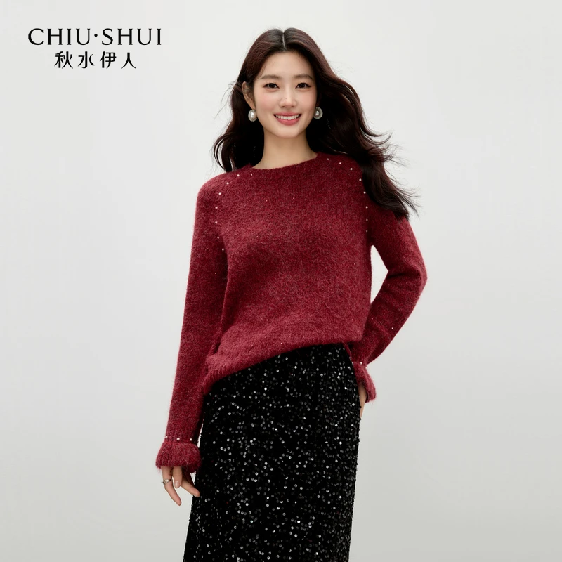 秋水伊人优雅复古圆领25设计感春节圣诞毛衣625417M344419