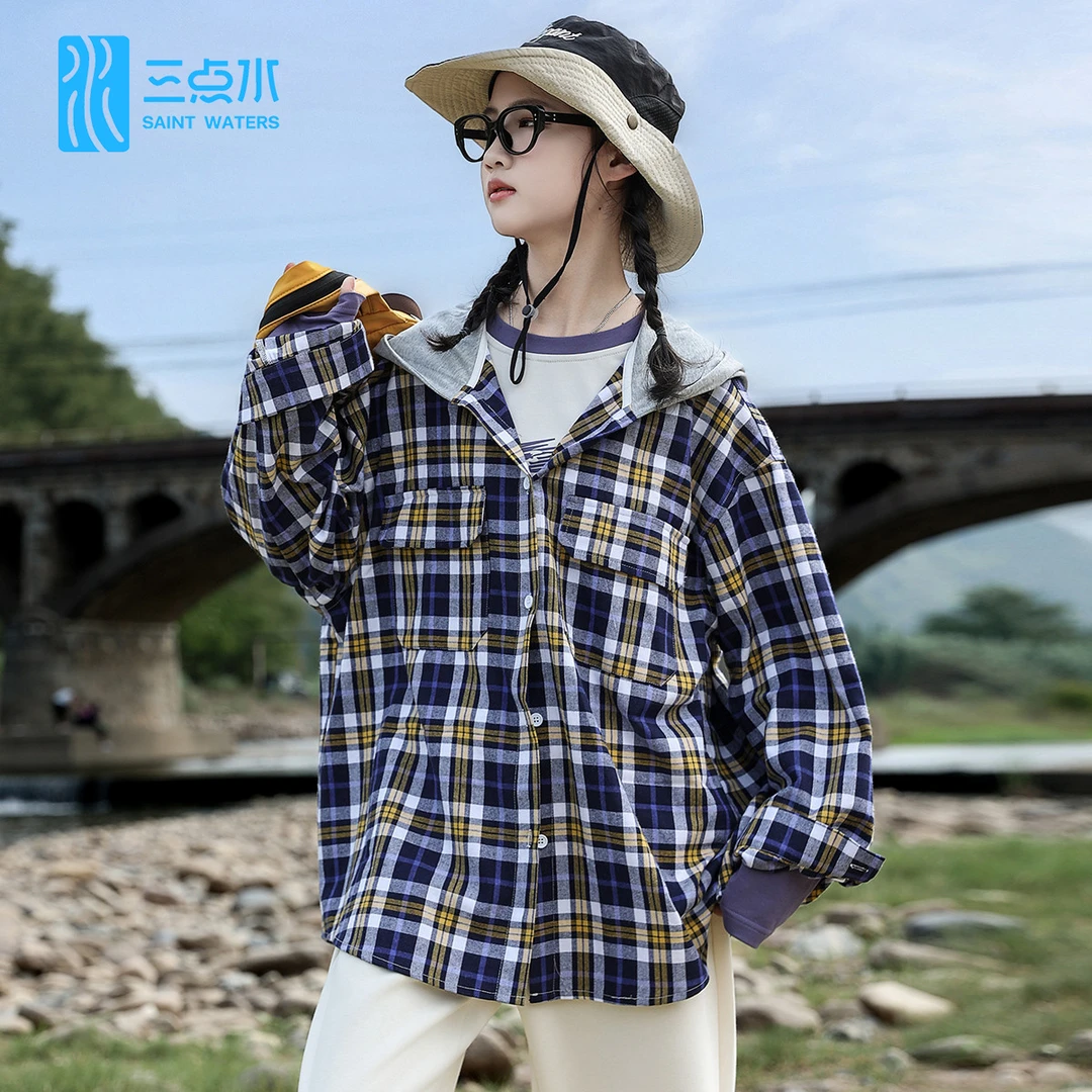 三点水亲子装中性春装街头撞色格纹连帽长袖格子衬衫复古百搭外套