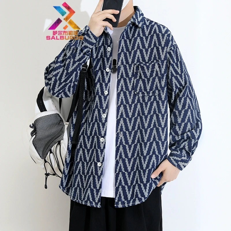 萨尔布勒斯时尚潮流牛仔休闲长袖衬衫宽松百搭帅气简约翻领上衣