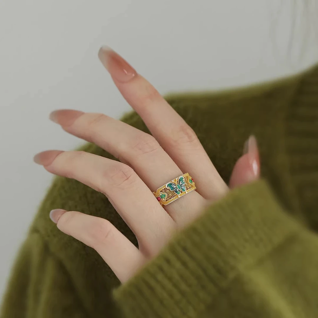 足银戒指 足银999珐琅蝴蝶如意戒指女轻奢小众指环新中式百搭银饰