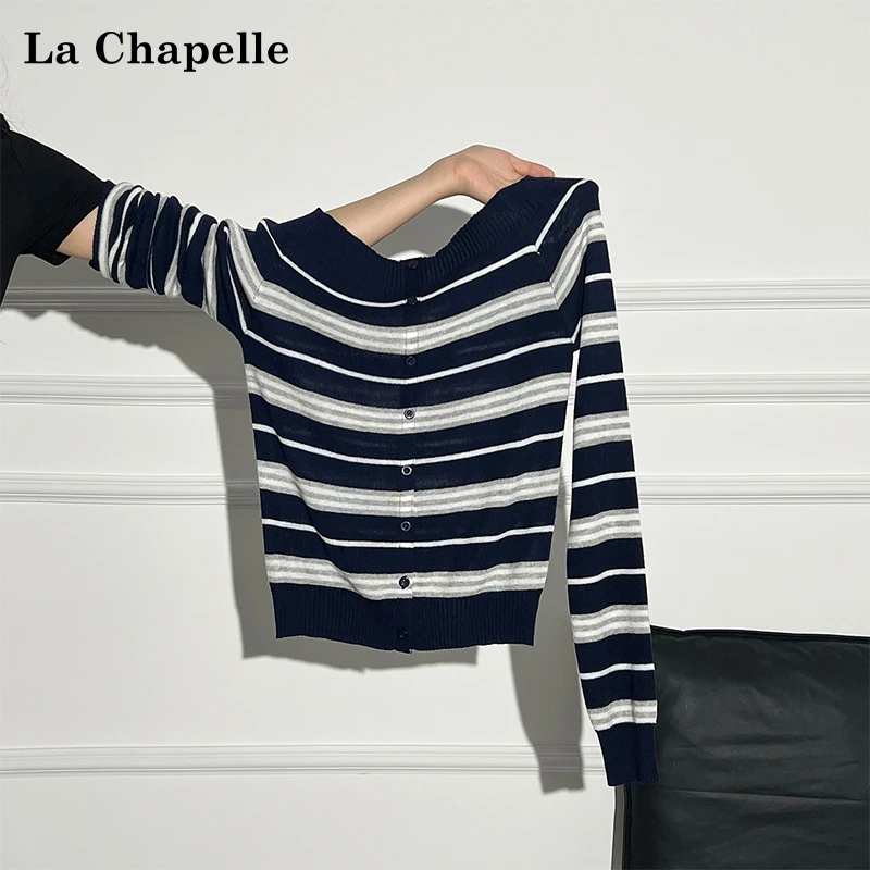 拉夏贝尔露肩甜辣妹设计感一字领针织开衫外套长袖女秋季修身上衣