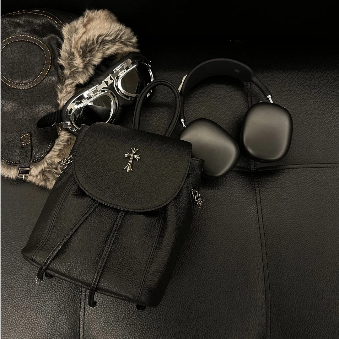 Rebornmoi【vivi】双肩包复古黑色真皮牛皮时尚百搭小包包   BB25