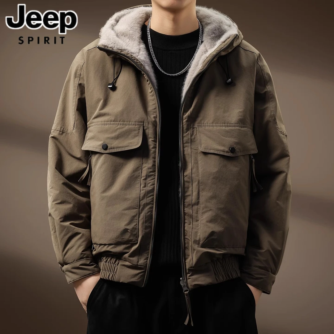 JEEPSPIRIT吉普美式潮牌双面穿毛绒棉服男士冬季保暖工装棉衣外套