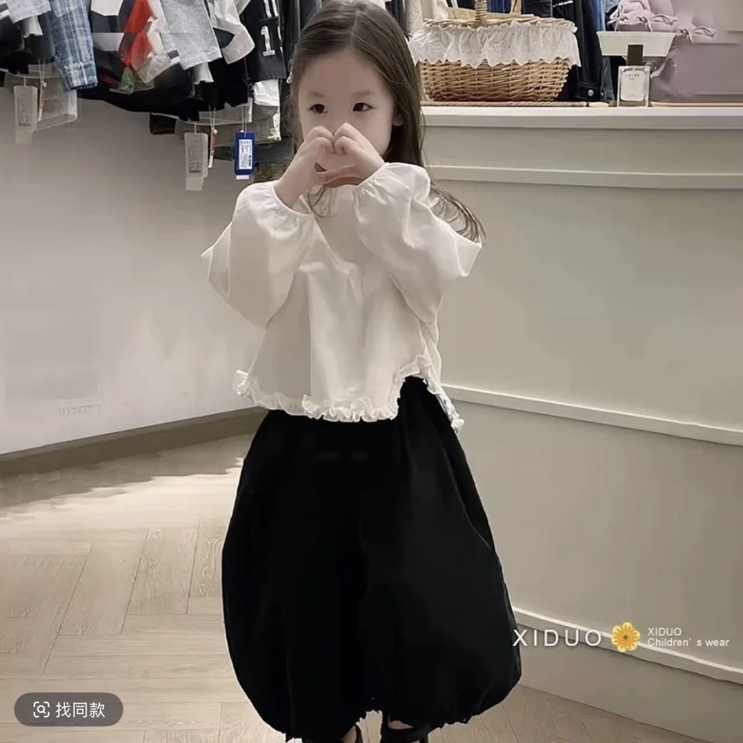 女童套装2025春秋新款儿童宽松娃娃衫上衣洋气灯笼裤两件套白衬衫