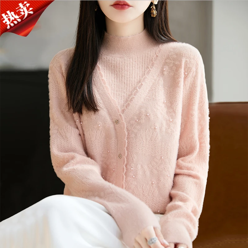 2025时尚品牌温柔风水貂绒假两件针织衫上衣时尚内搭打底衫秋冬