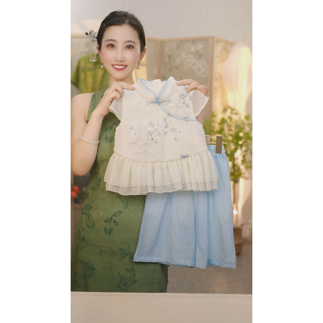 现货【玉兰】SC329女童夏季新中式国风刺绣无袖上衣裤子2025套装
