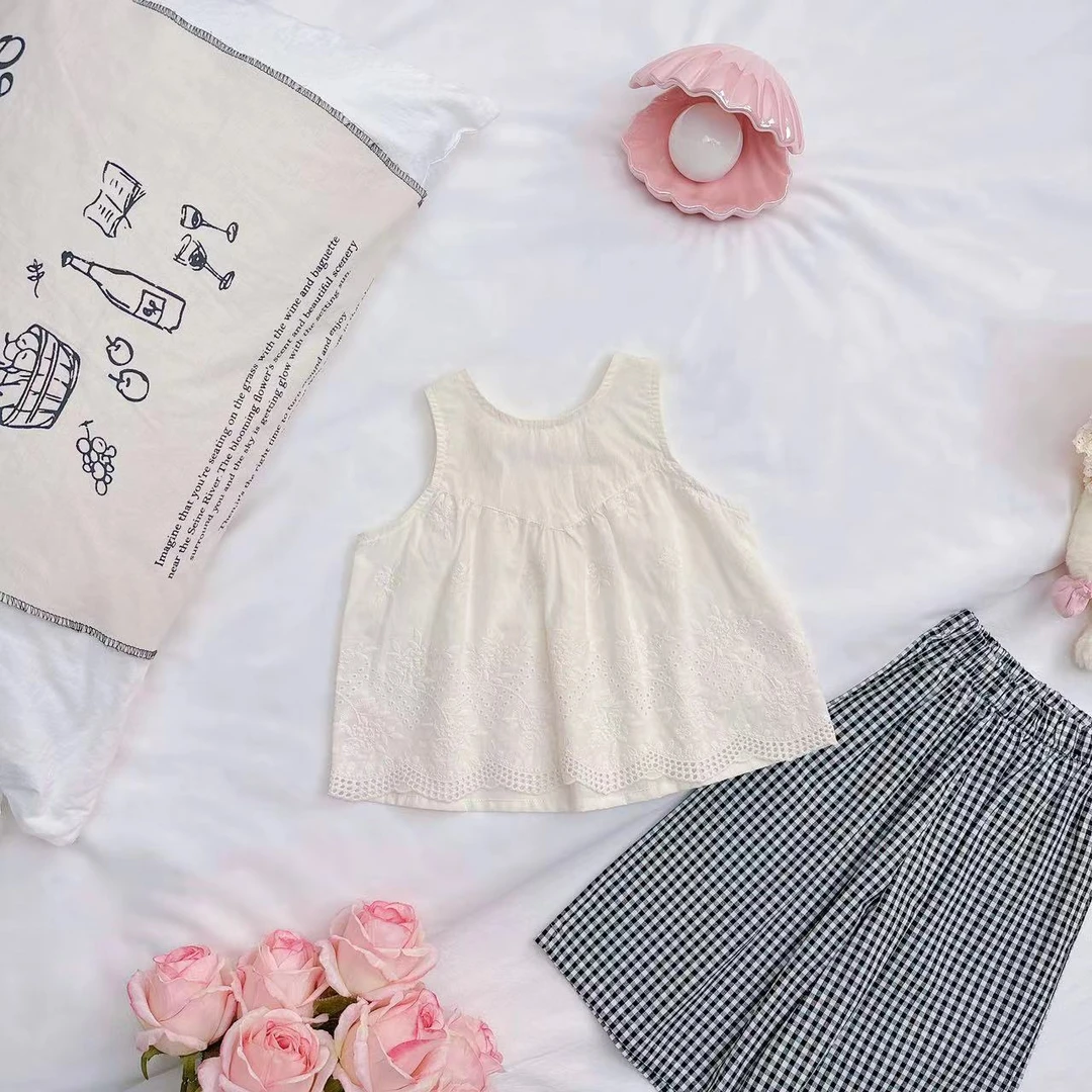 夏季新款ins风无袖T恤格子裤套装 D-AB425