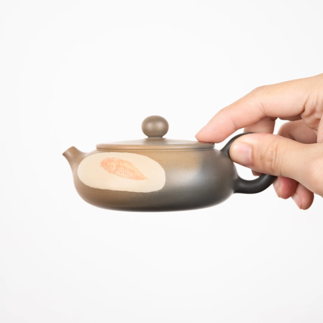 扁玉壶 堆塑锦鲤 170毫升 广西坭兴陶全手工茶具