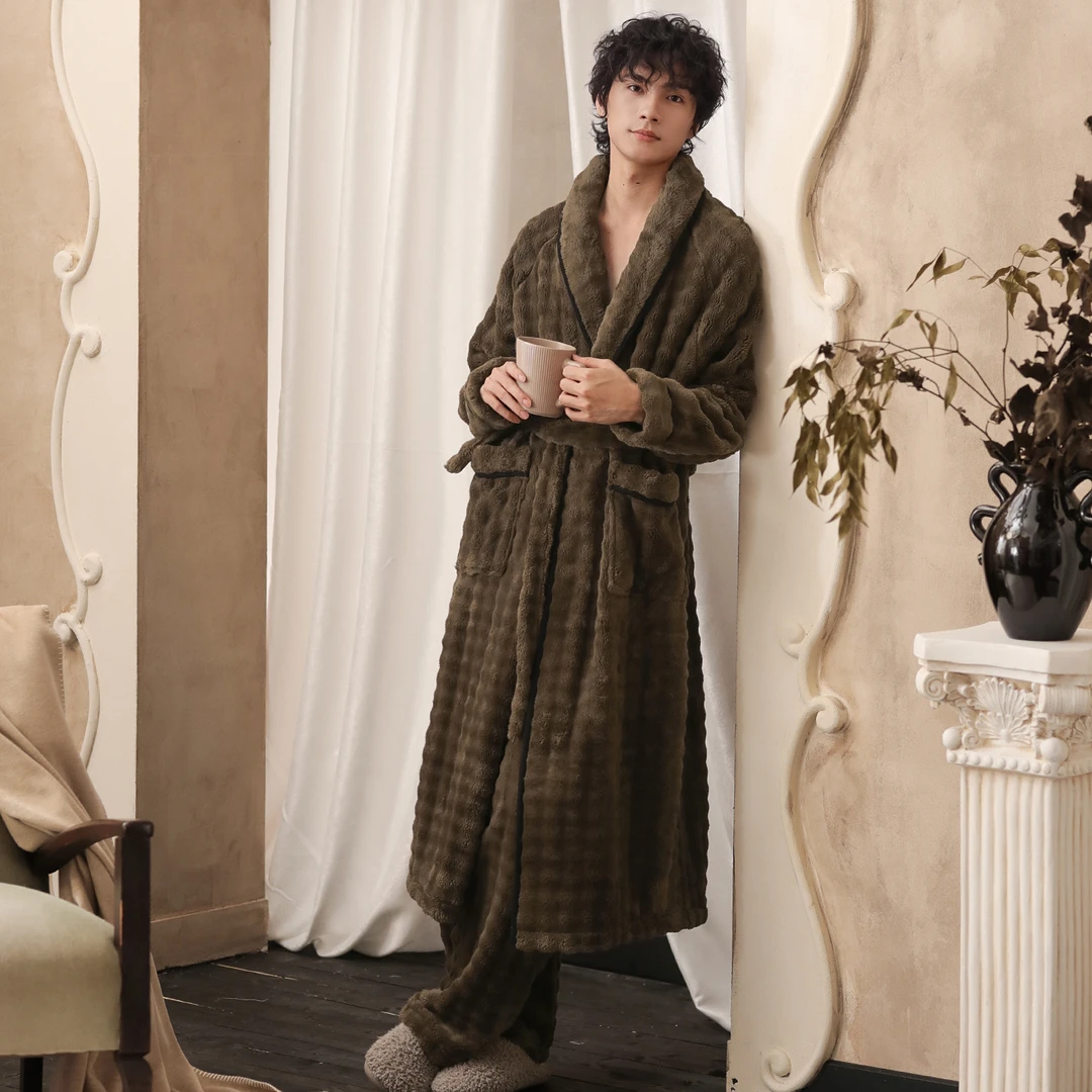 男士睡袍中长款法兰绒长裤两件套大码冬天加绒加厚浴袍家居服睡衣