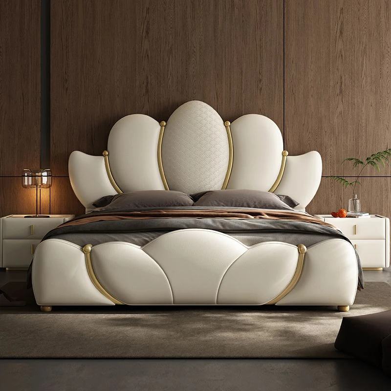 【莲花床】意式轻奢头层牛皮真皮双人床主卧设计师款高级现代婚床简