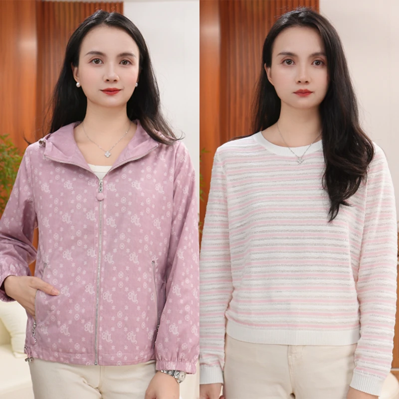 两件 外套+内搭 中老年女装薄款春秋季夹克妈妈装短外套时尚连帽
