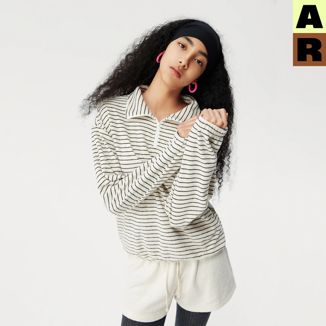 AR条纹绒感立领卫衣2025新款半边绒家居服可外穿秋冬保暖休闲上衣