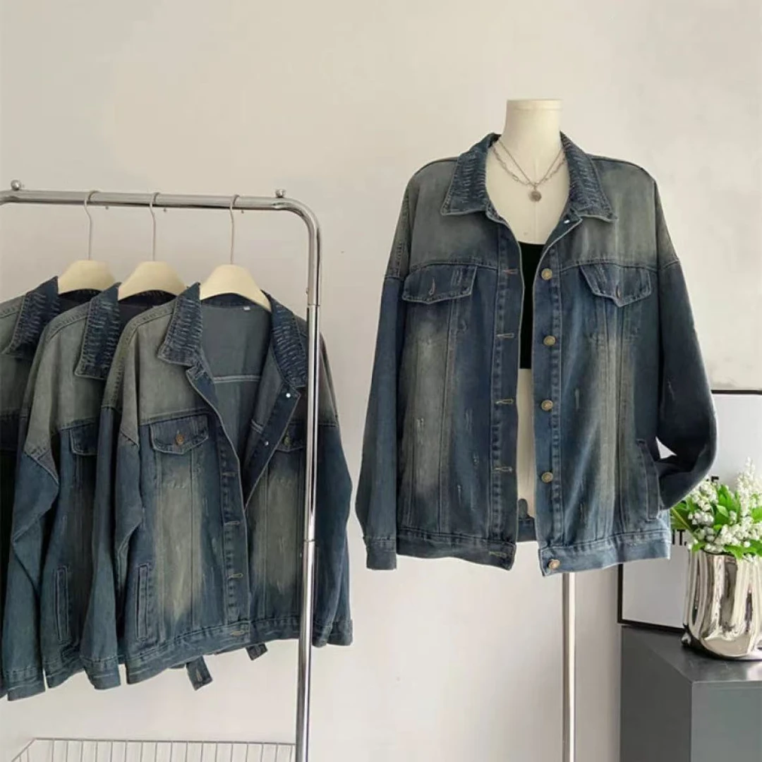 2025秋季做旧磨破牛仔外套薄款宽松韩系慵懒风上衣