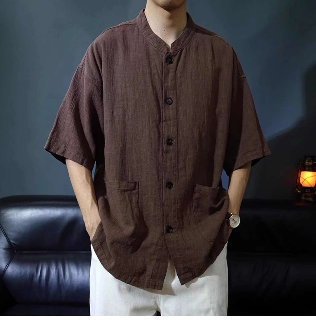 中式上衣薄款透气短袖男士衬衫夏季新款复古款休闲立领宽松衬衣