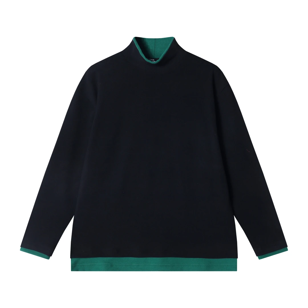 T2090秋冬季新款时尚韩版绒面撞色假两件立领长袖T恤情侣百搭上衣