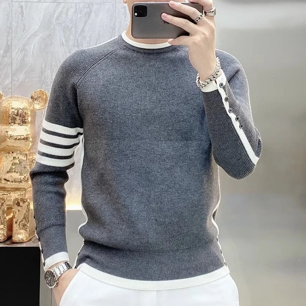 条纹休闲假两件衫男装2025春秋季新款百搭圆领套头潮流长袖毛衣