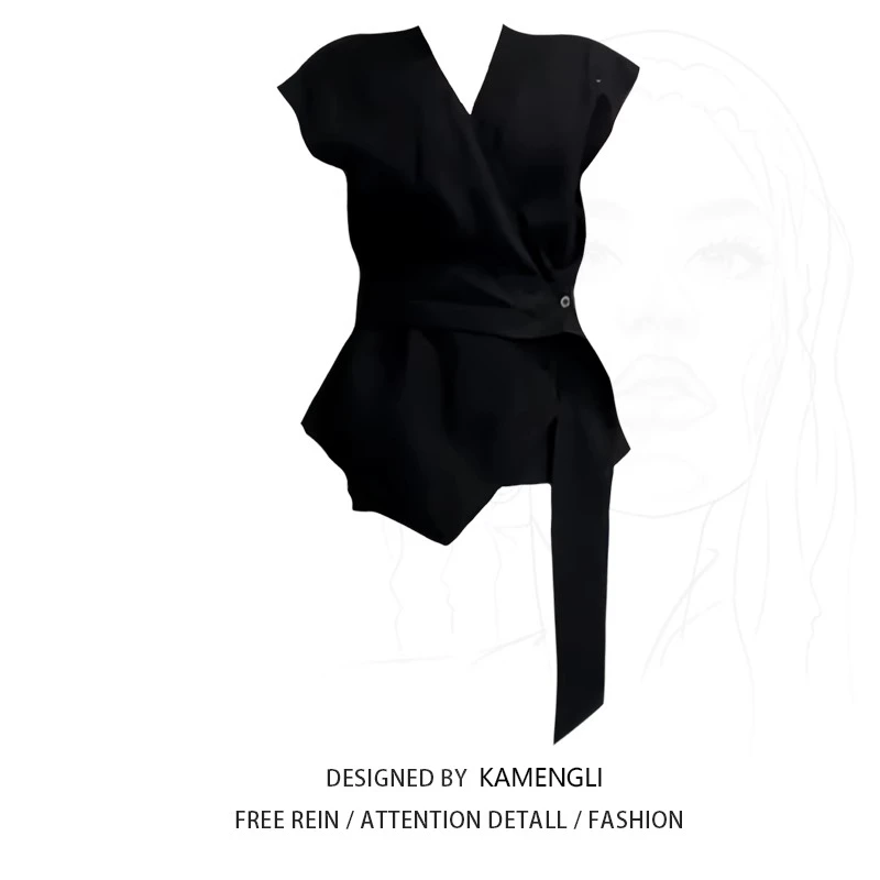 大码胖MM韩版V领黑色无袖T恤衬衫女夏季新款宽松显瘦休闲百搭上衣