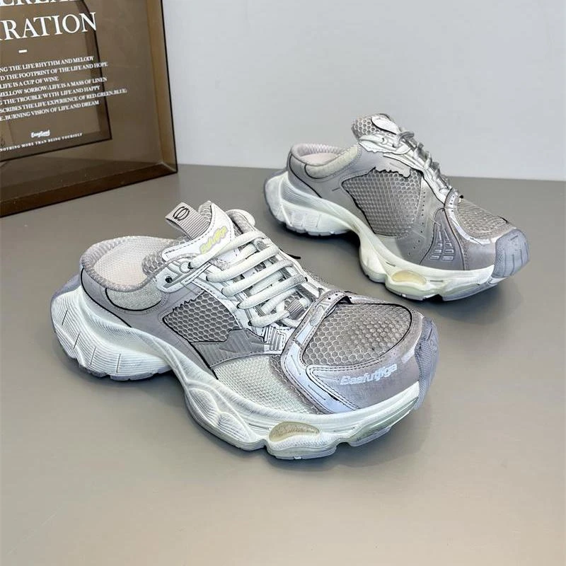 包头半拖老爹鞋女款2025新款爆款复古擦色透气厚底街头拖鞋女外穿