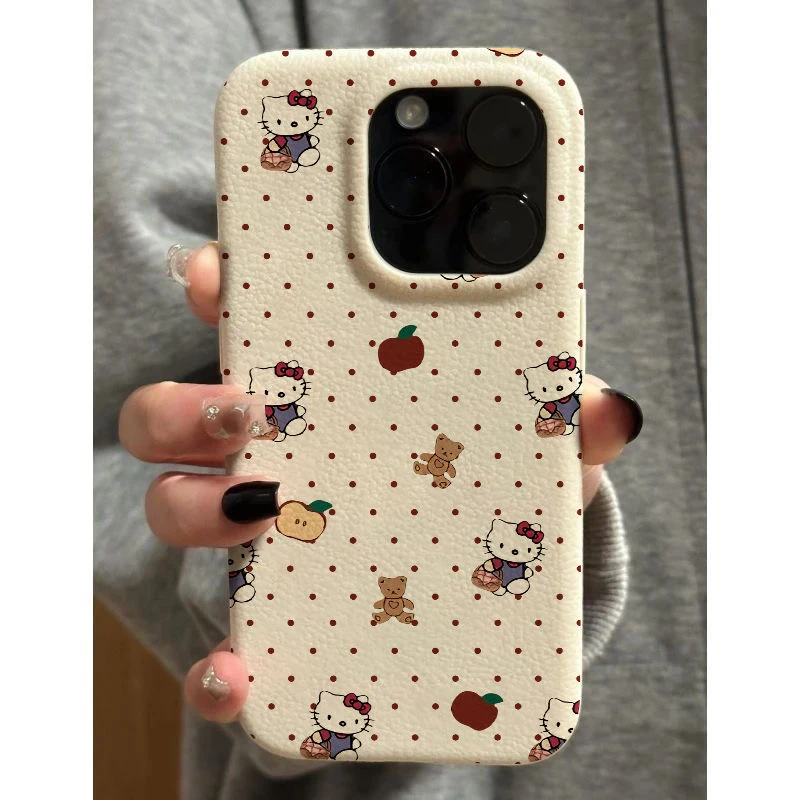 ins波点苹果KT猫适用于iphone16苹果15软胶14皮革纹13手机壳12/11