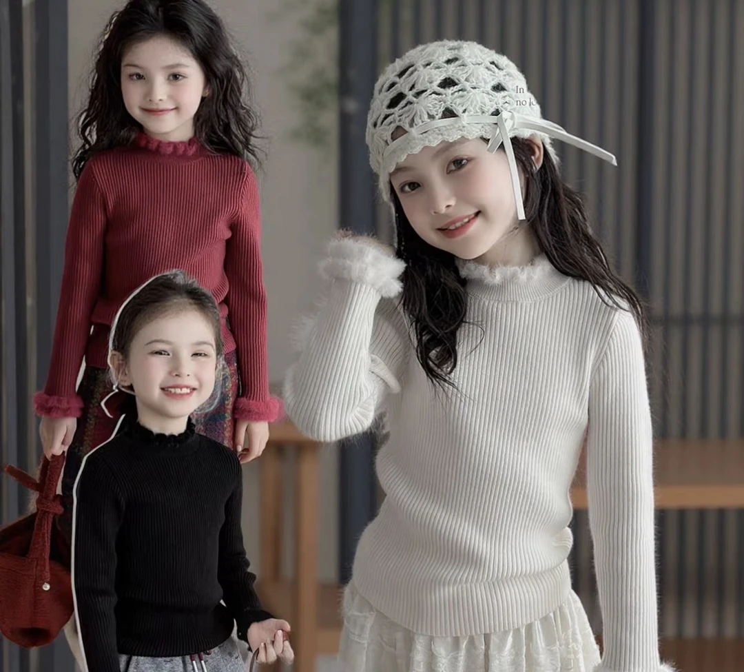 女童冬季新款时尚洋气韩版纯色加绒木耳边亲肤毛衣半高领GZ006
