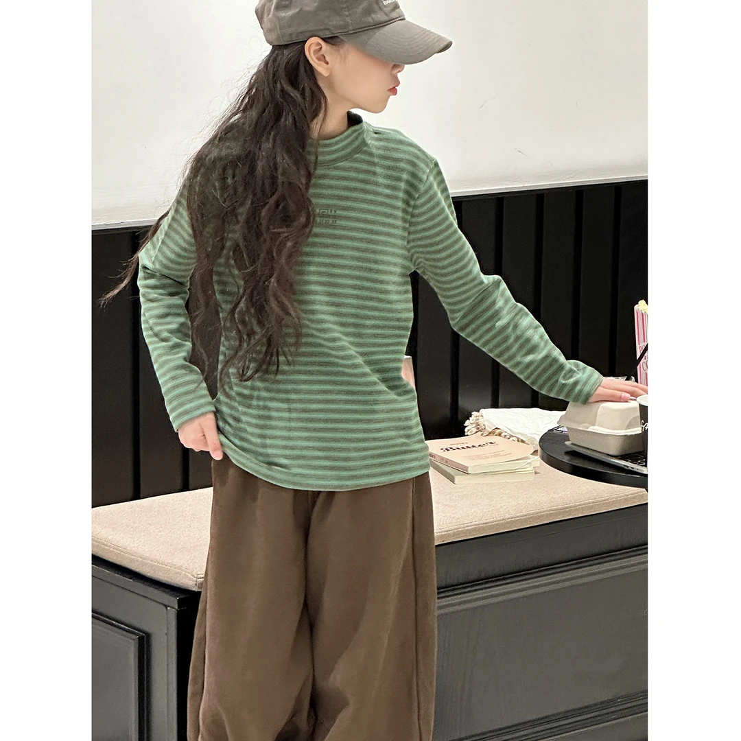 K30200孙小美女童打底衫秋冬装儿童长袖薄绒T恤新款加厚条纹上衣