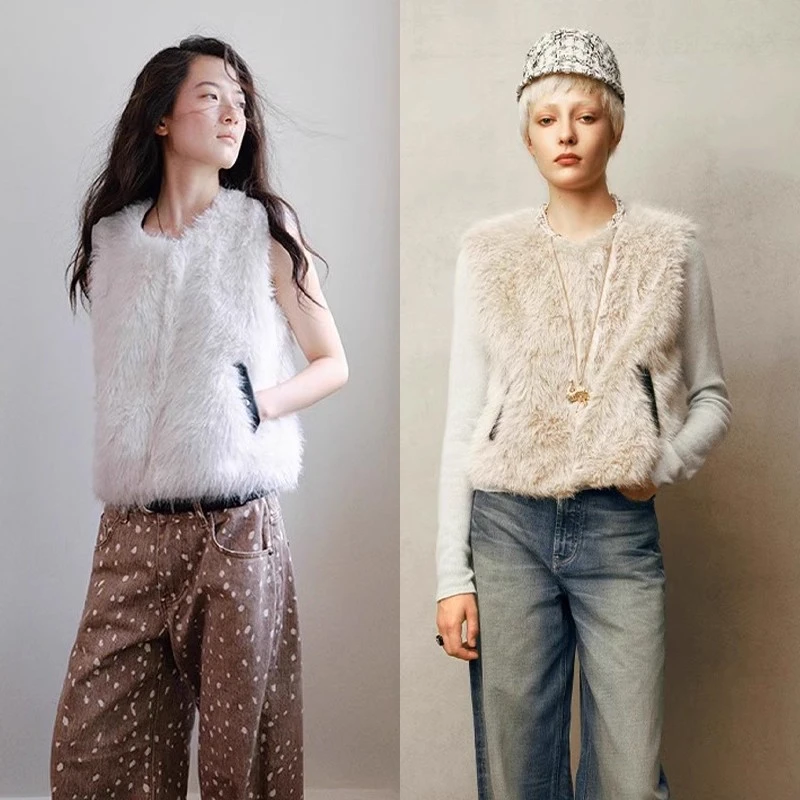 Gemini 买手店 tokokkino 拼接白毛毛坎肩无袖环保皮草