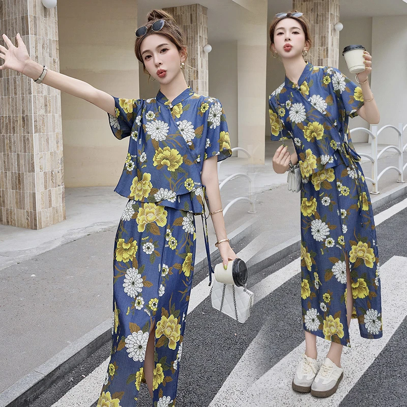 新中式国风印花牛仔套装女2025夏季新款改良汉服薄款半身裙两件套
