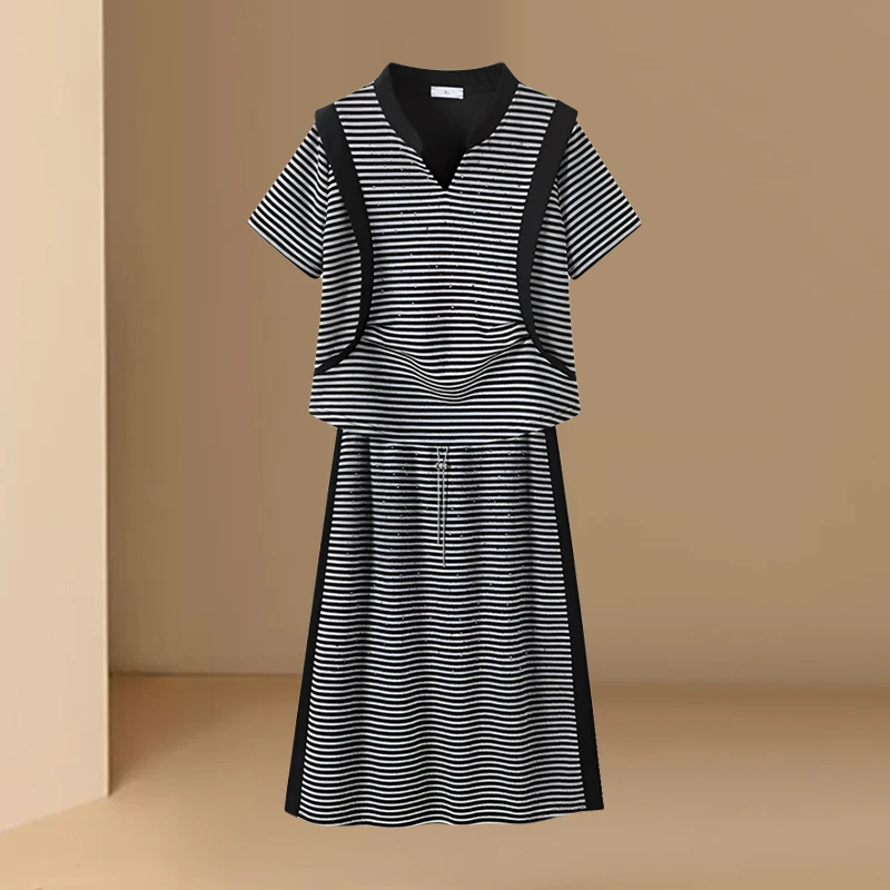 法式烫钻条纹套装裙子女2025夏款高级感洋气上衣半身裙时尚两件套