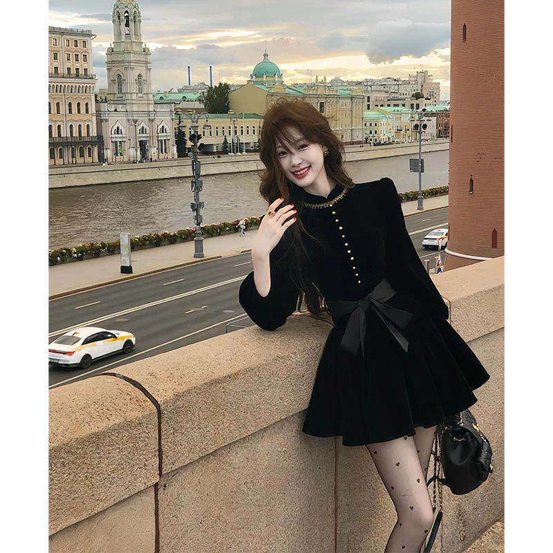 MARIE.COCO千金风荷叶边长袖连衣裙女早秋新款收腰赫本风A字裙