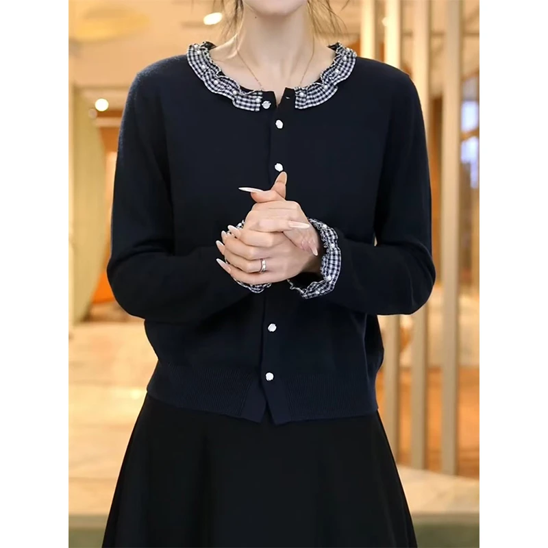 花边拼接领子针织开衫女士上衣秋冬季新款洋气减龄设计感毛衣外套