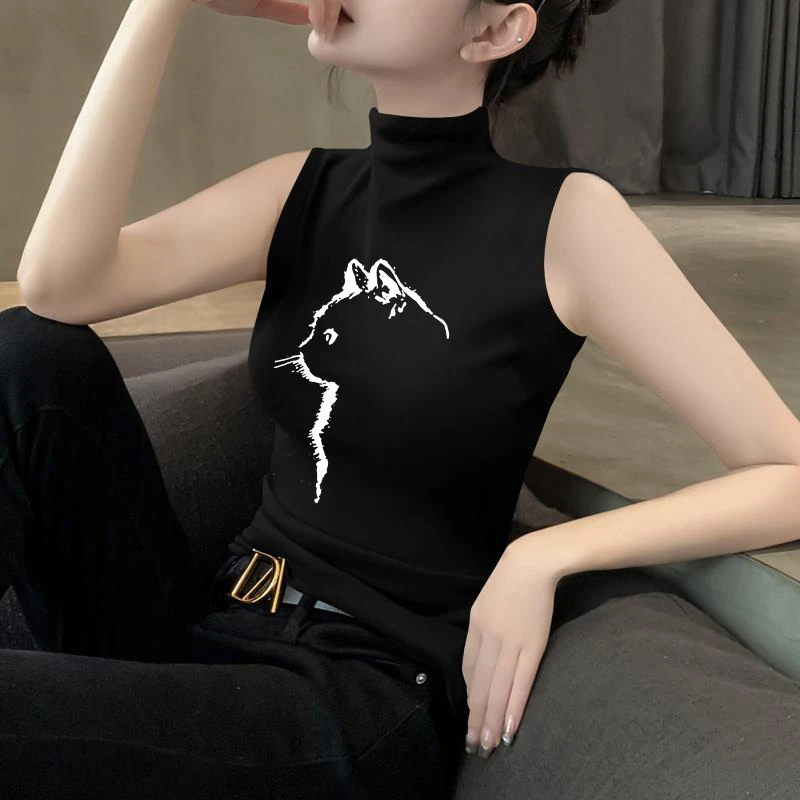 热销印花莫代尔半高领背心女夏季新款内搭无袖露肩上衣网红爆款