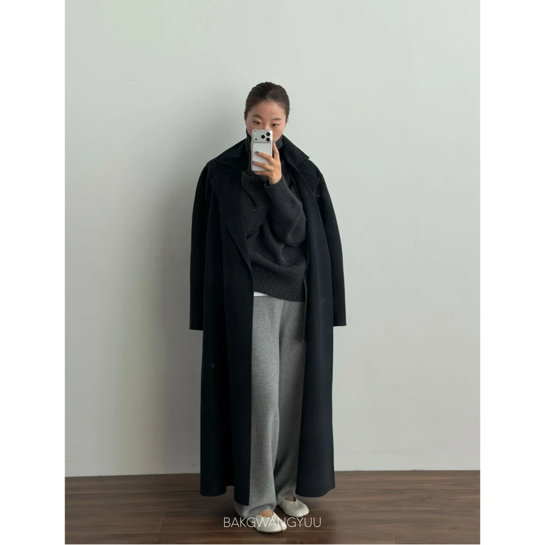 2509｜秋冬新款长款显瘦保暖浴袍款双面毛呢外套 | 藏青